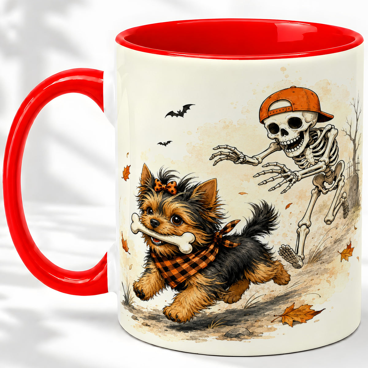 Halloween Terrier Ceramic Mug, Skeleton Chase Autumn Artwork