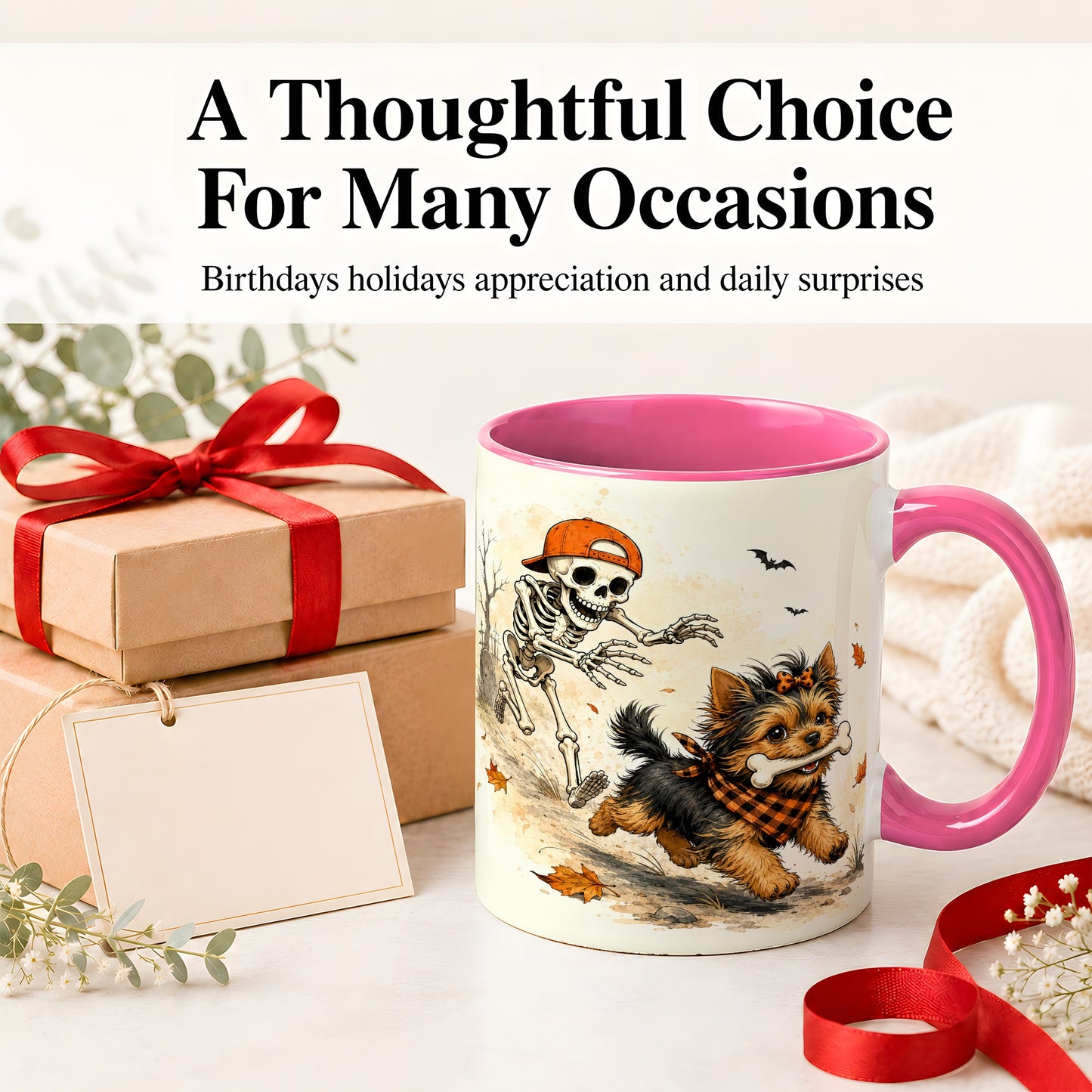 #pl[11oz|Pink] Halloween Terrier Ceramic Mug, Skeleton Chase Autumn Artwork