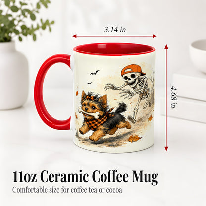 #pl[11oz|Red] Halloween Terrier Ceramic Mug, Skeleton Chase Autumn Artwork