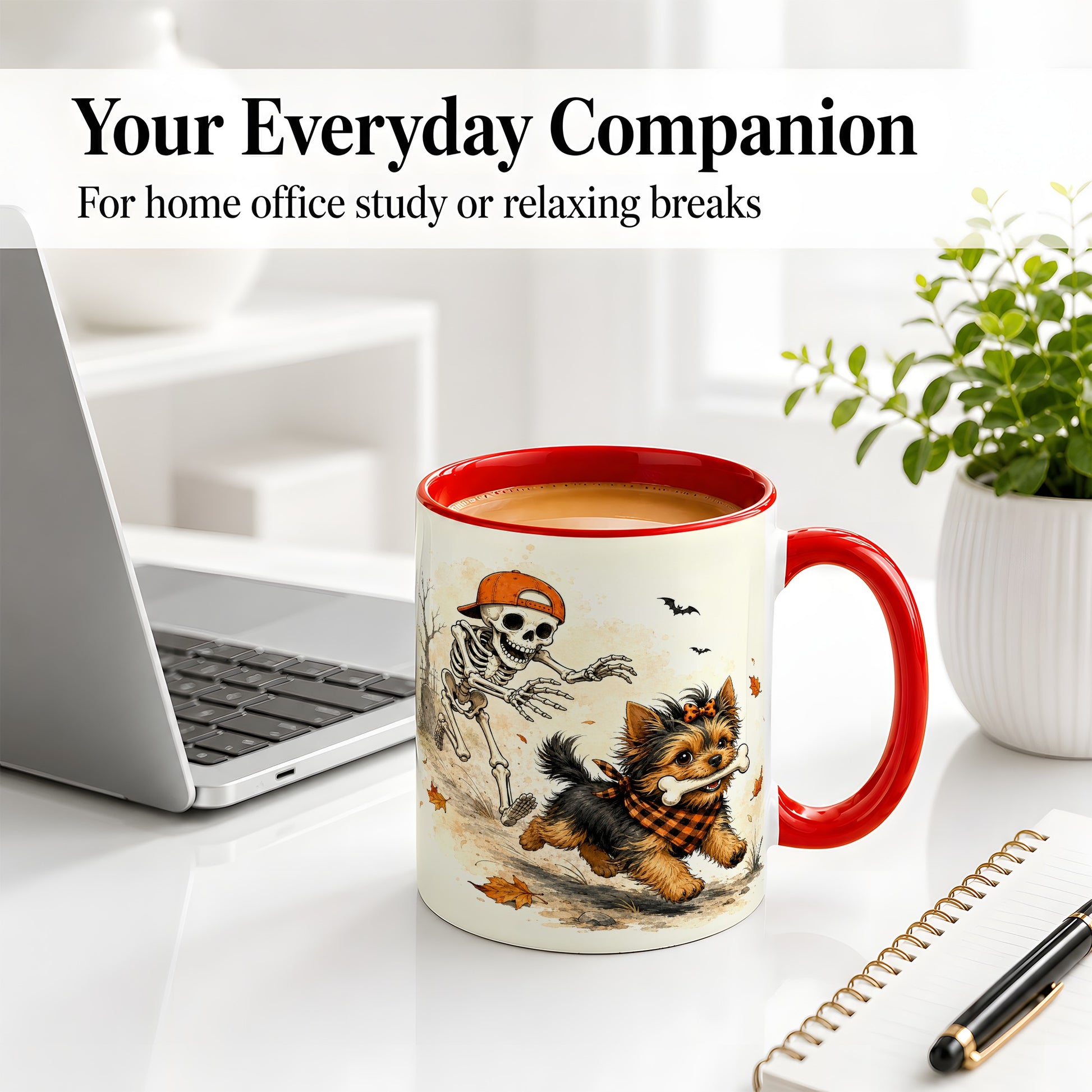 #pl[11oz|Red] Halloween Terrier Ceramic Mug, Skeleton Chase Autumn Artwork