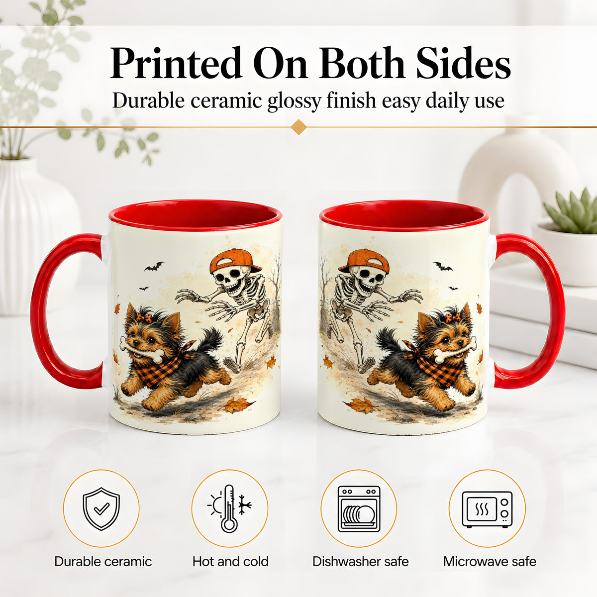 #pl[11oz|Red] Halloween Terrier Ceramic Mug, Skeleton Chase Autumn Artwork