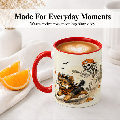 #pl[11oz|Red] Halloween Terrier Ceramic Mug, Skeleton Chase Autumn Artwork