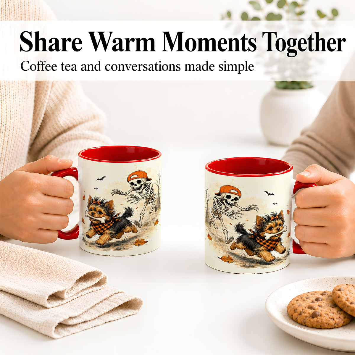 #pl[11oz|Red] Halloween Terrier Ceramic Mug, Skeleton Chase Autumn Artwork