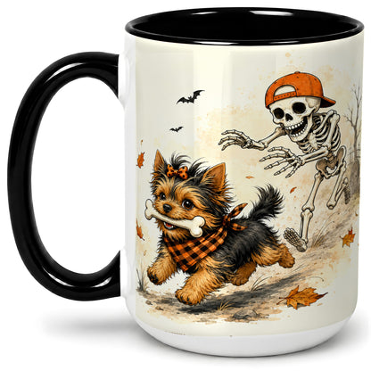 #pl[15oz|Black] Halloween Terrier Ceramic Mug, Skeleton Chase Autumn Artwork