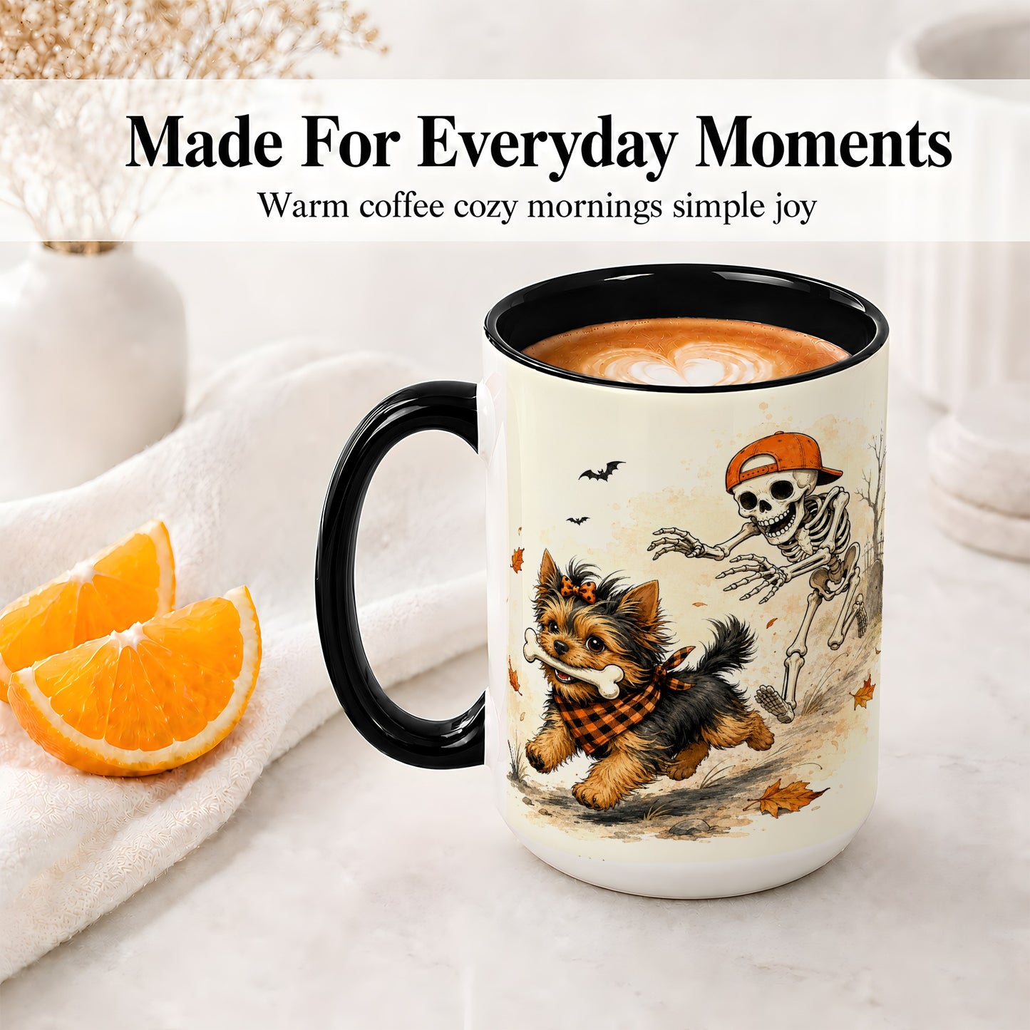 #pl[15oz|Black] Halloween Terrier Ceramic Mug, Skeleton Chase Autumn Artwork