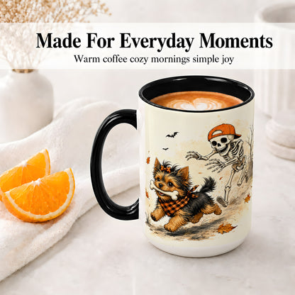 #pl[15oz|Black] Halloween Terrier Ceramic Mug, Skeleton Chase Autumn Artwork