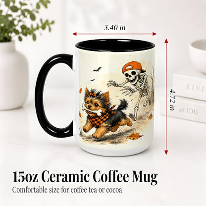 #pl[15oz|Black] Halloween Terrier Ceramic Mug, Skeleton Chase Autumn Artwork