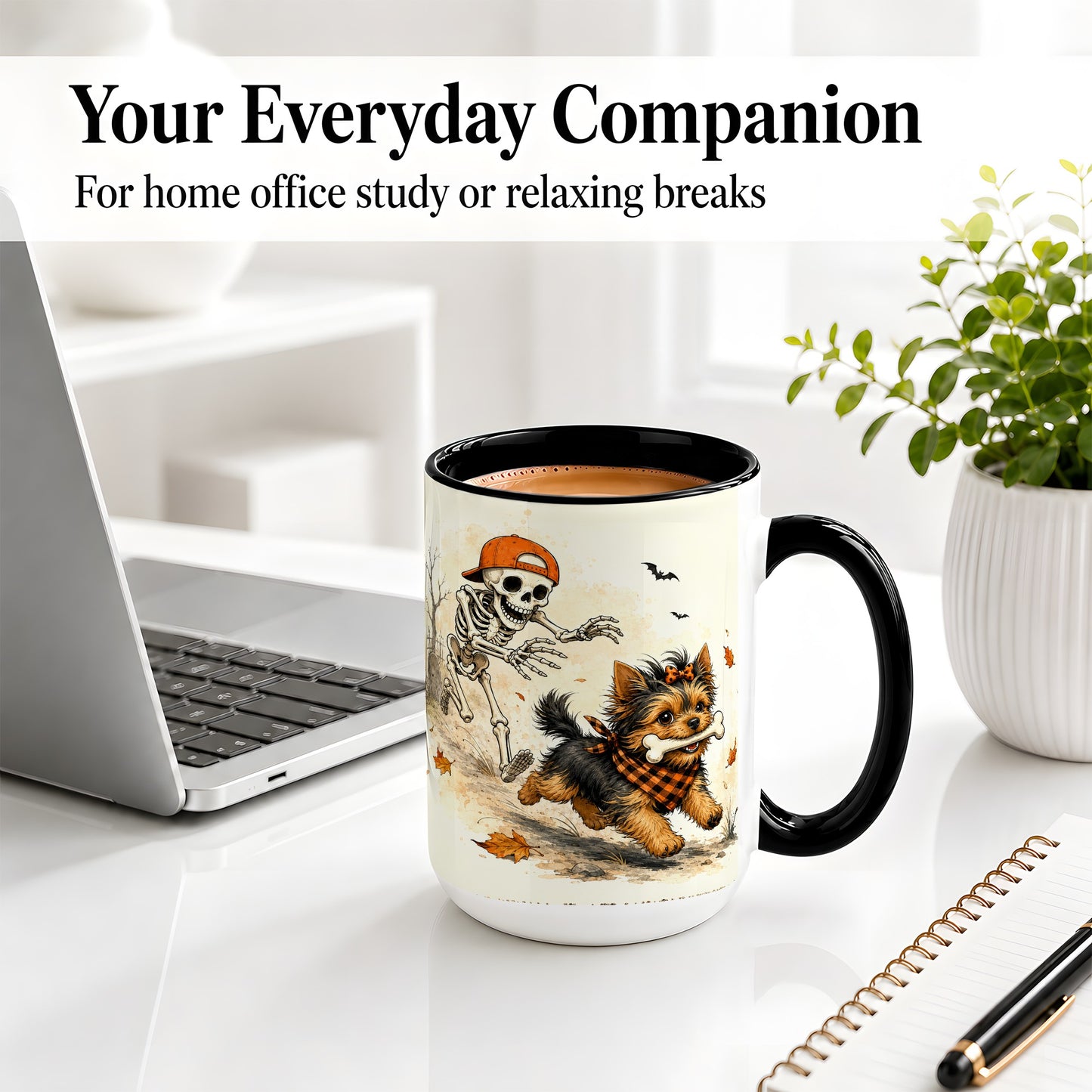 #pl[15oz|Black] Halloween Terrier Ceramic Mug, Skeleton Chase Autumn Artwork
