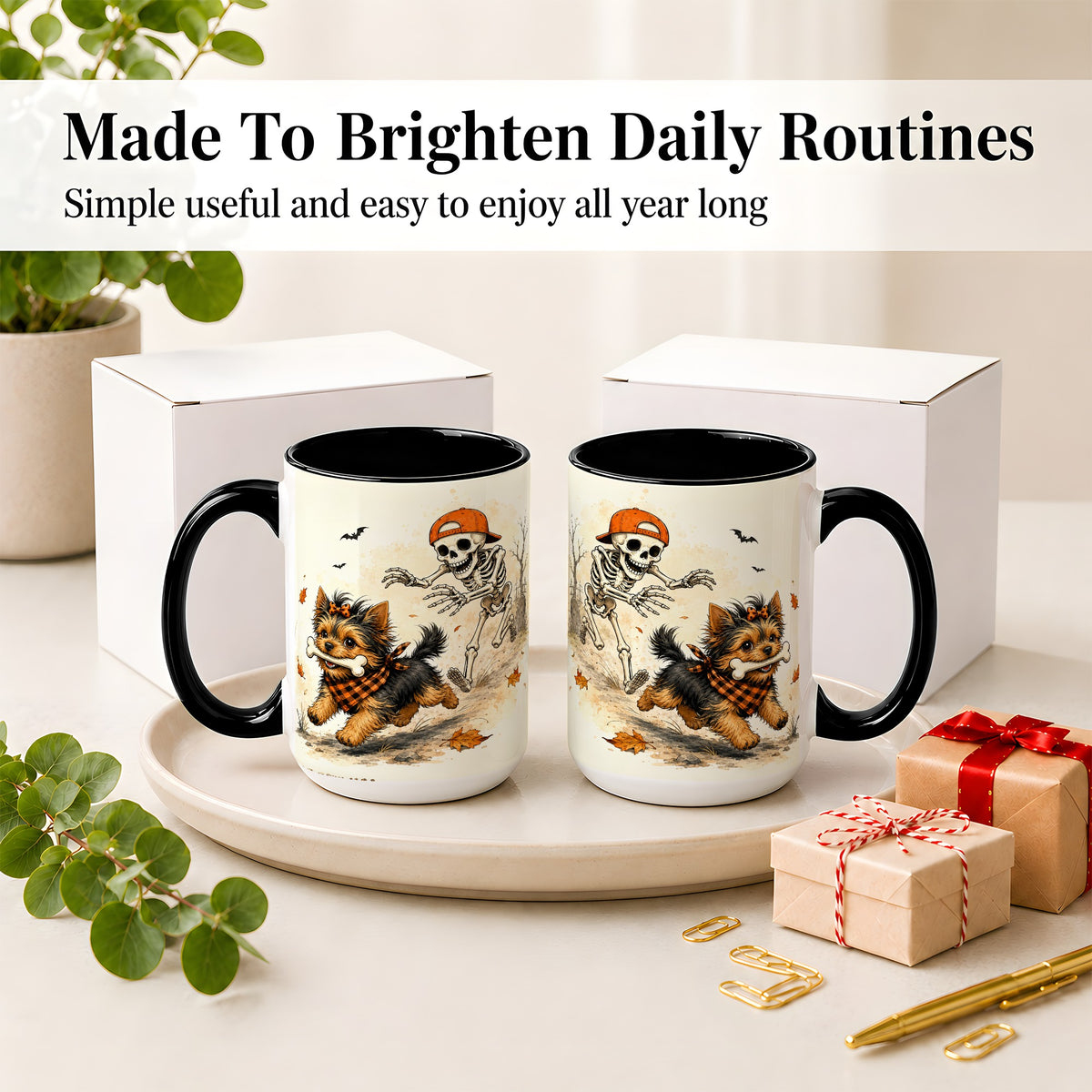 #pl[15oz|Black] Halloween Terrier Ceramic Mug, Skeleton Chase Autumn Artwork