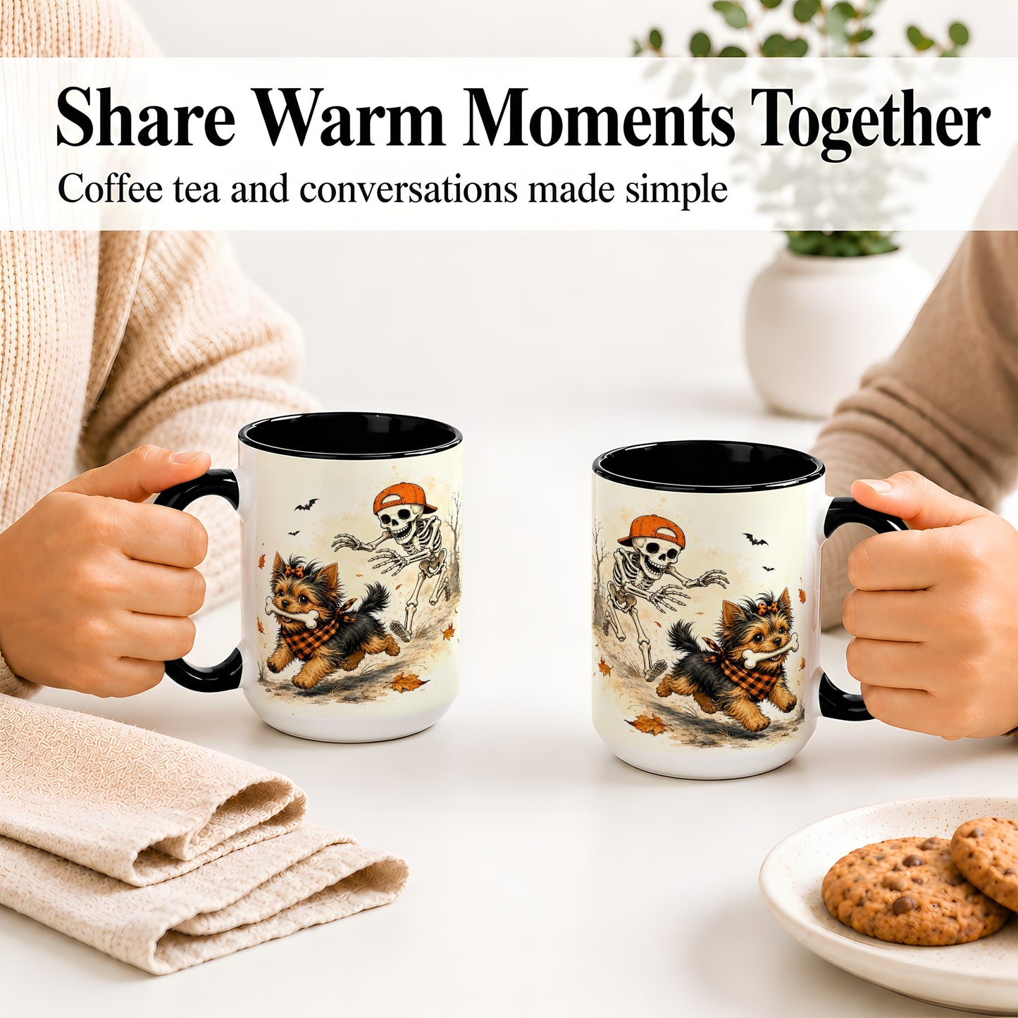 #pl[15oz|Black] Halloween Terrier Ceramic Mug, Skeleton Chase Autumn Artwork