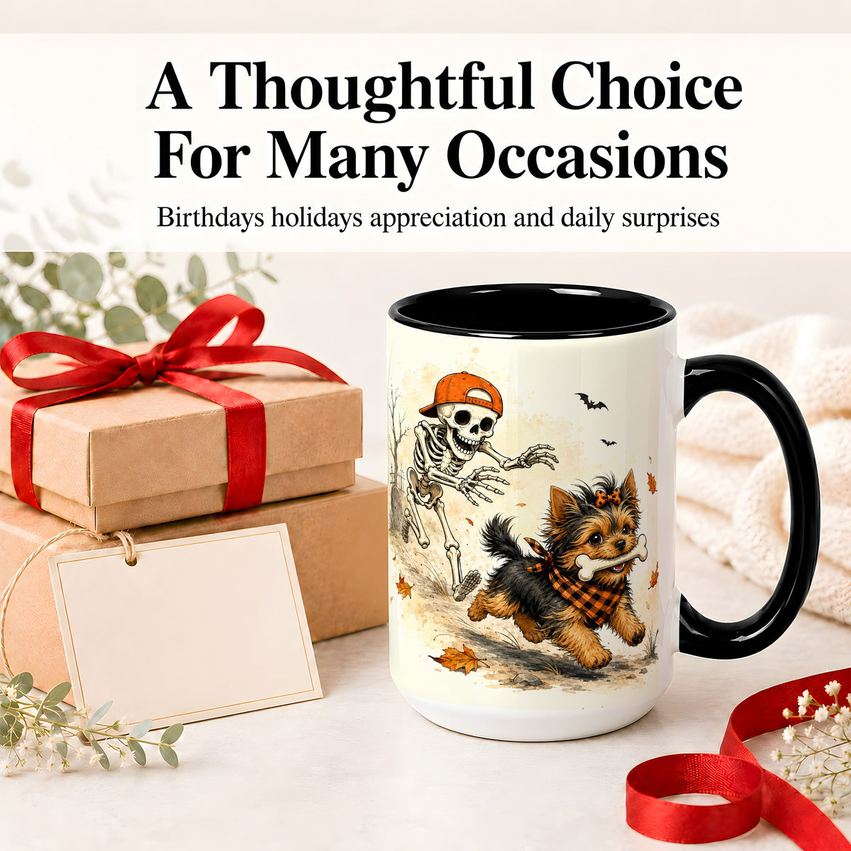 #pl[15oz|Black] Halloween Terrier Ceramic Mug, Skeleton Chase Autumn Artwork