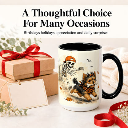 #pl[15oz|Black] Halloween Terrier Ceramic Mug, Skeleton Chase Autumn Artwork
