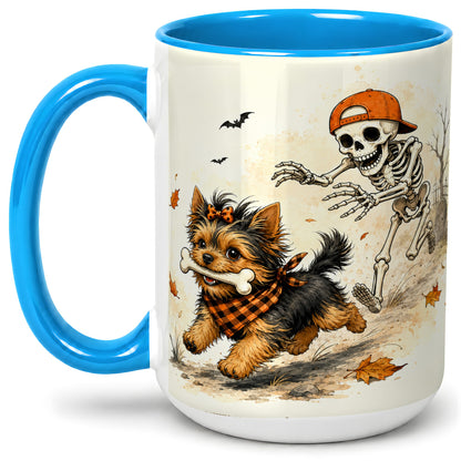 #pl[15oz|Blue] Halloween Terrier Ceramic Mug, Skeleton Chase Autumn Artwork