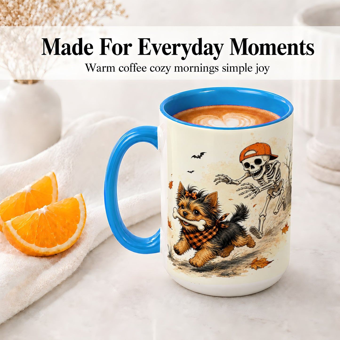 #pl[15oz|Blue] Halloween Terrier Ceramic Mug, Skeleton Chase Autumn Artwork