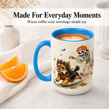 #pl[15oz|Blue] Halloween Terrier Ceramic Mug, Skeleton Chase Autumn Artwork