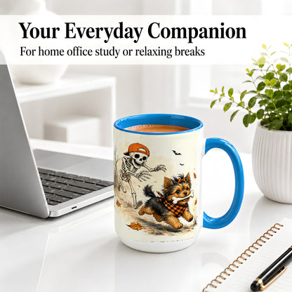 #pl[15oz|Blue] Halloween Terrier Ceramic Mug, Skeleton Chase Autumn Artwork