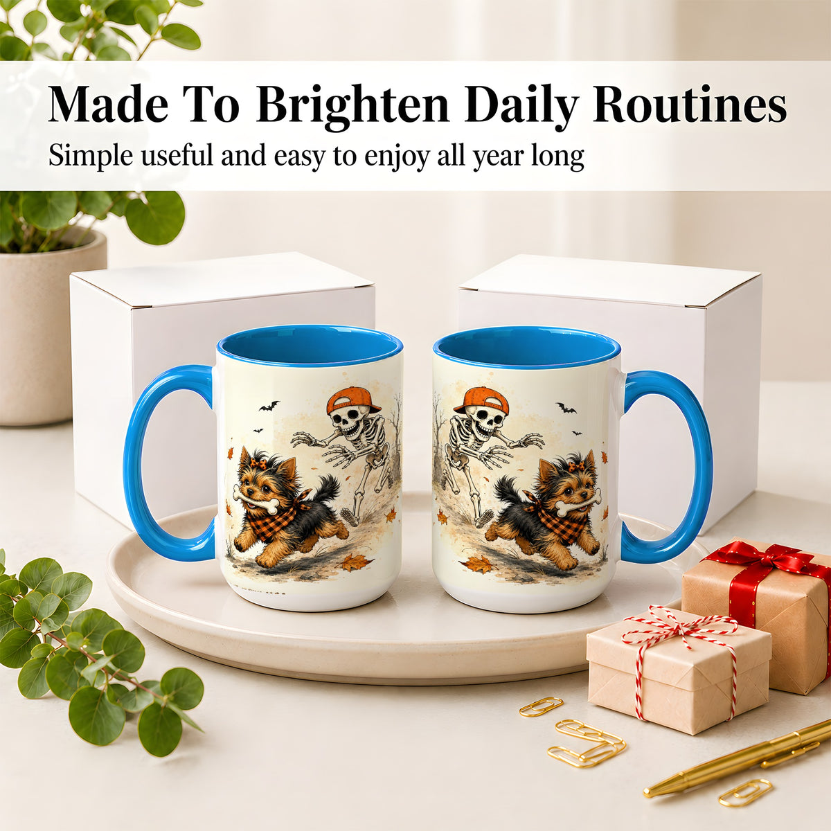 #pl[15oz|Blue] Halloween Terrier Ceramic Mug, Skeleton Chase Autumn Artwork