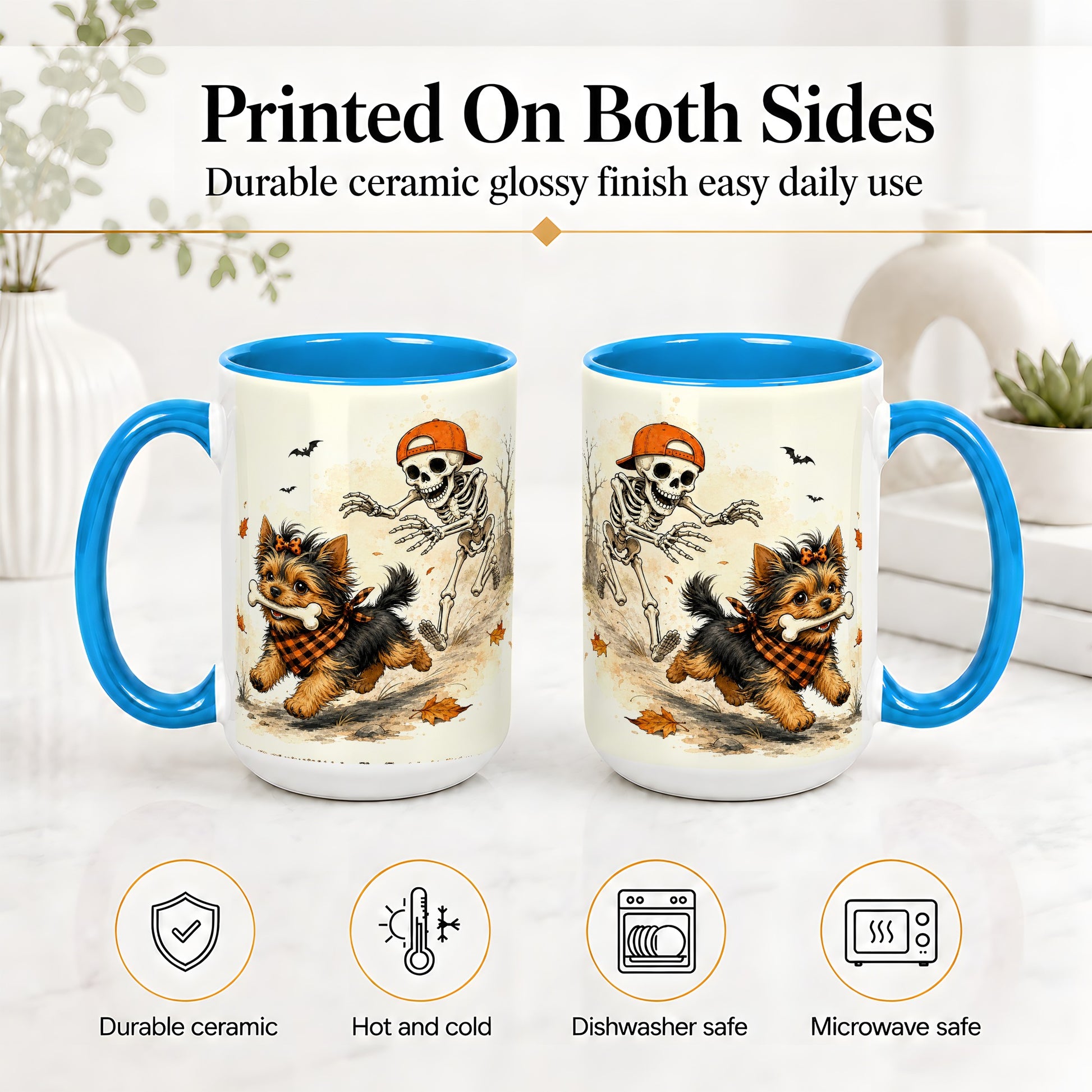 #pl[15oz|Blue] Halloween Terrier Ceramic Mug, Skeleton Chase Autumn Artwork