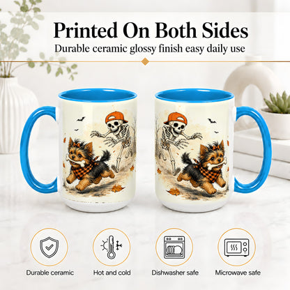 #pl[15oz|Blue] Halloween Terrier Ceramic Mug, Skeleton Chase Autumn Artwork