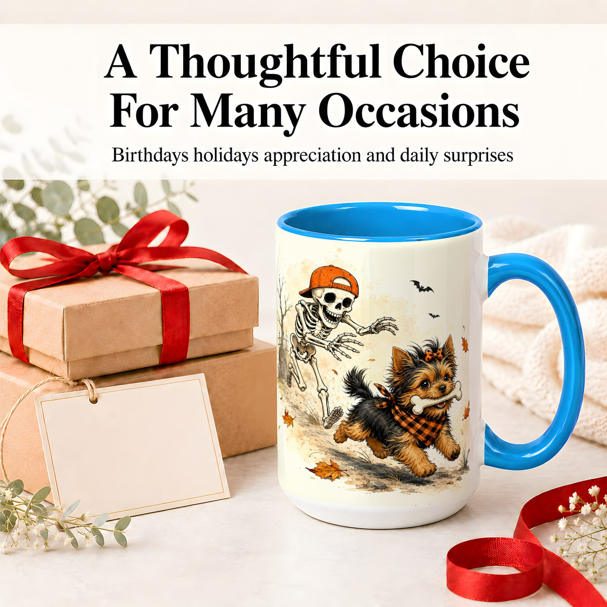 #pl[15oz|Blue] Halloween Terrier Ceramic Mug, Skeleton Chase Autumn Artwork