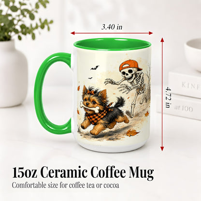 #pl[15oz|Green] Halloween Terrier Ceramic Mug, Skeleton Chase Autumn Artwork