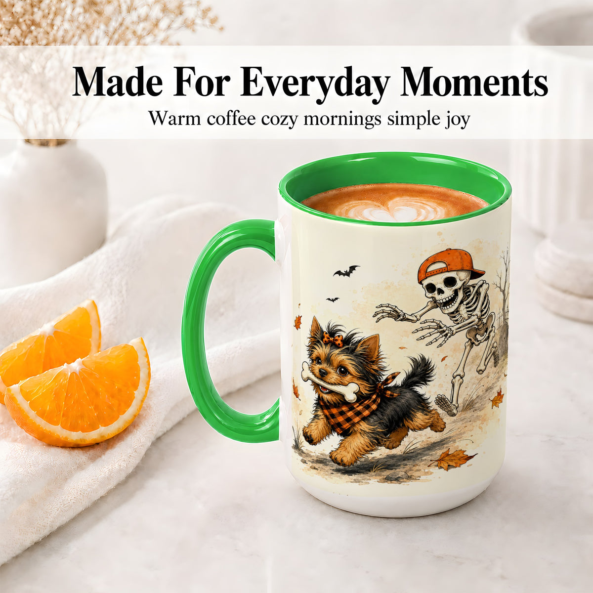 #pl[15oz|Green] Halloween Terrier Ceramic Mug, Skeleton Chase Autumn Artwork