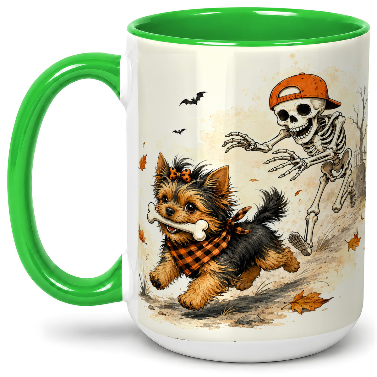 #pl[15oz|Green] Halloween Terrier Ceramic Mug, Skeleton Chase Autumn Artwork