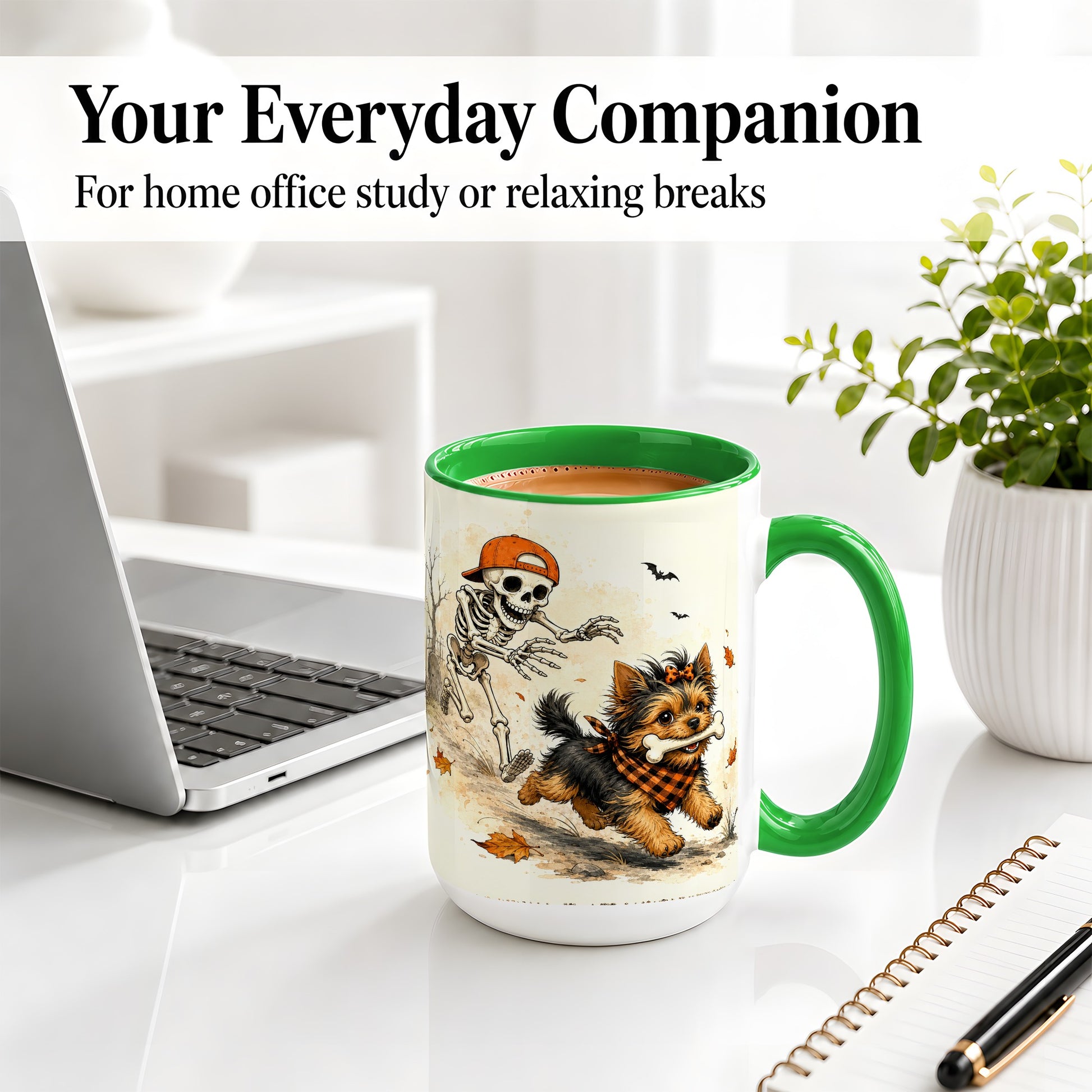 #pl[15oz|Green] Halloween Terrier Ceramic Mug, Skeleton Chase Autumn Artwork