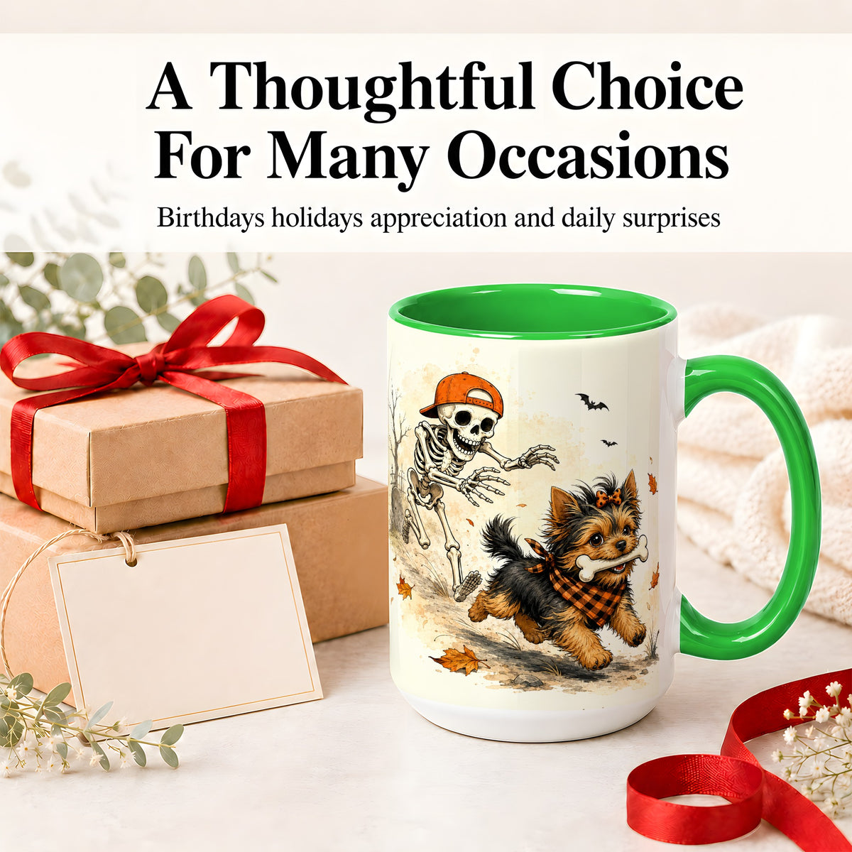 #pl[15oz|Green] Halloween Terrier Ceramic Mug, Skeleton Chase Autumn Artwork