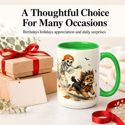 #pl[15oz|Green] Halloween Terrier Ceramic Mug, Skeleton Chase Autumn Artwork