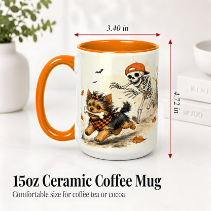 #pl[15oz|Orange] Halloween Terrier Ceramic Mug, Skeleton Chase Autumn Artwork