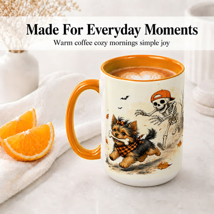 #pl[15oz|Orange] Halloween Terrier Ceramic Mug, Skeleton Chase Autumn Artwork
