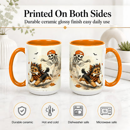 #pl[15oz|Orange] Halloween Terrier Ceramic Mug, Skeleton Chase Autumn Artwork