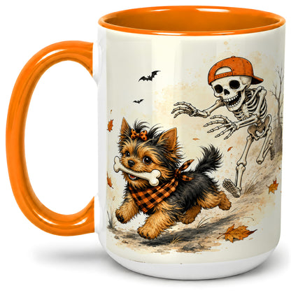 #pl[15oz|Orange] Halloween Terrier Ceramic Mug, Skeleton Chase Autumn Artwork