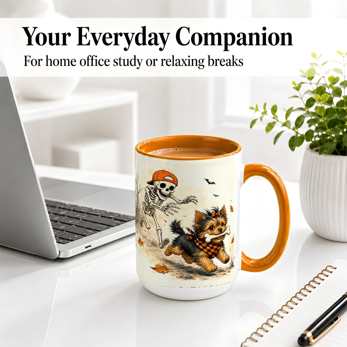 #pl[15oz|Orange] Halloween Terrier Ceramic Mug, Skeleton Chase Autumn Artwork