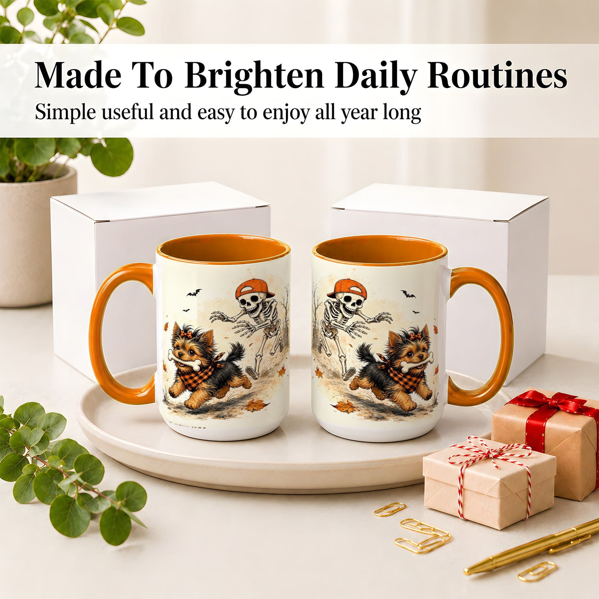 #pl[15oz|Orange] Halloween Terrier Ceramic Mug, Skeleton Chase Autumn Artwork