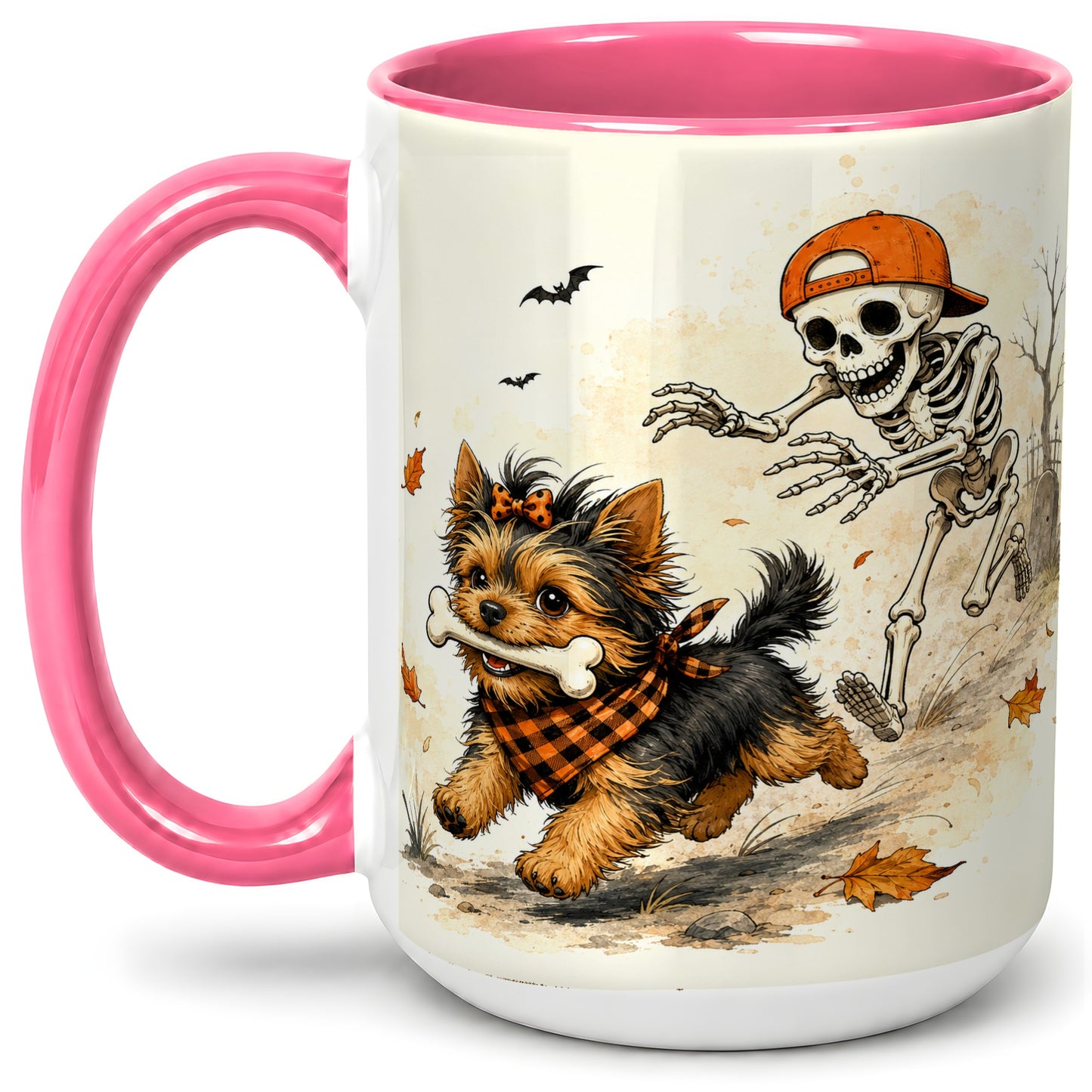 #pl[15oz|Pink] Halloween Terrier Ceramic Mug, Skeleton Chase Autumn Artwork