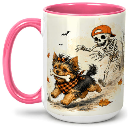 #pl[15oz|Pink] Halloween Terrier Ceramic Mug, Skeleton Chase Autumn Artwork