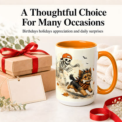 #pl[15oz|Orange] Halloween Terrier Ceramic Mug, Skeleton Chase Autumn Artwork
