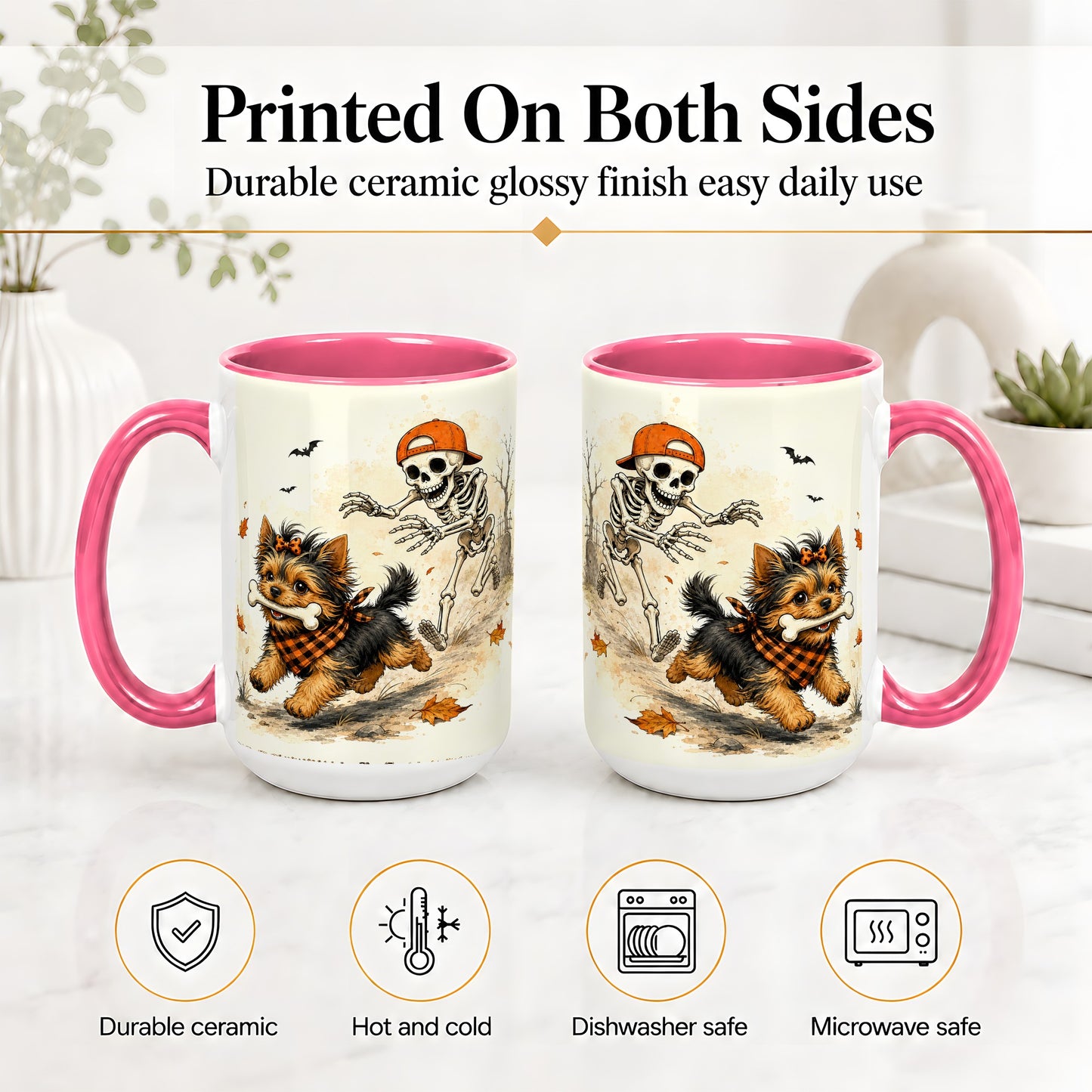 #pl[15oz|Pink] Halloween Terrier Ceramic Mug, Skeleton Chase Autumn Artwork