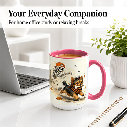 #pl[15oz|Pink] Halloween Terrier Ceramic Mug, Skeleton Chase Autumn Artwork
