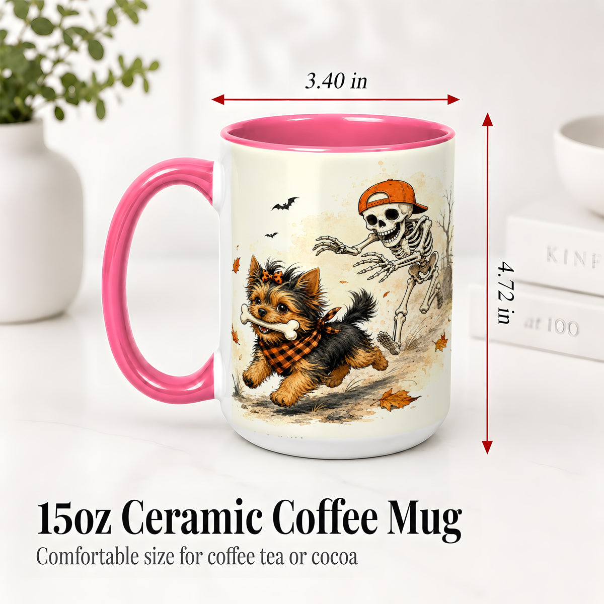 #pl[15oz|Pink] Halloween Terrier Ceramic Mug, Skeleton Chase Autumn Artwork