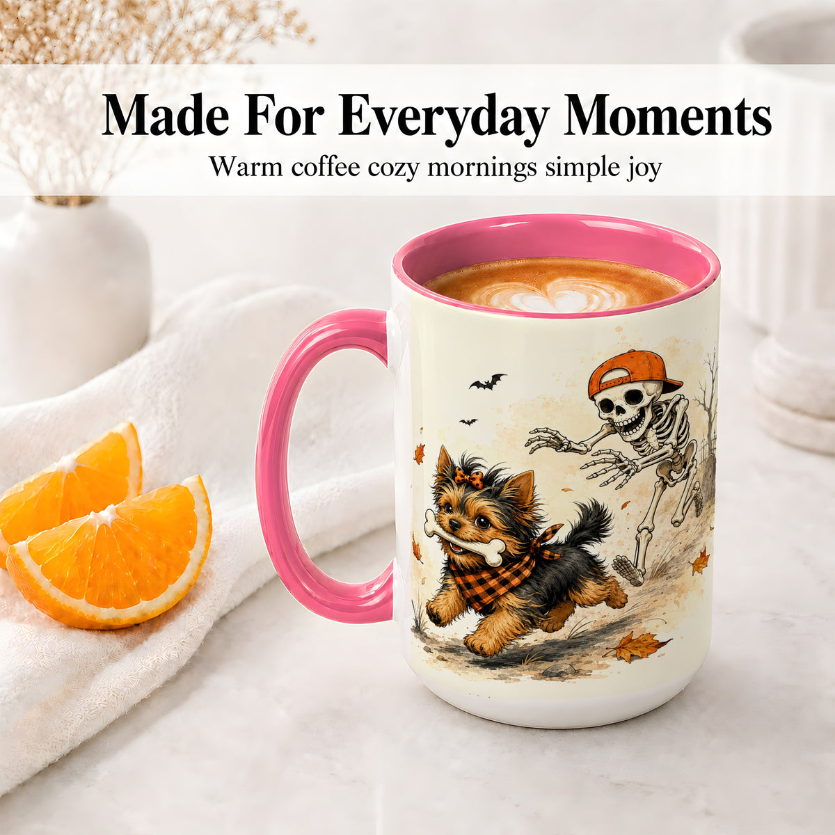 #pl[15oz|Pink] Halloween Terrier Ceramic Mug, Skeleton Chase Autumn Artwork