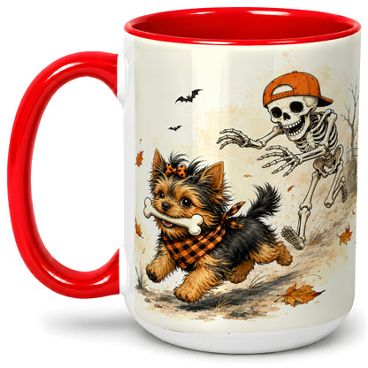 #pl[15oz|Red] Halloween Terrier Ceramic Mug, Skeleton Chase Autumn Artwork