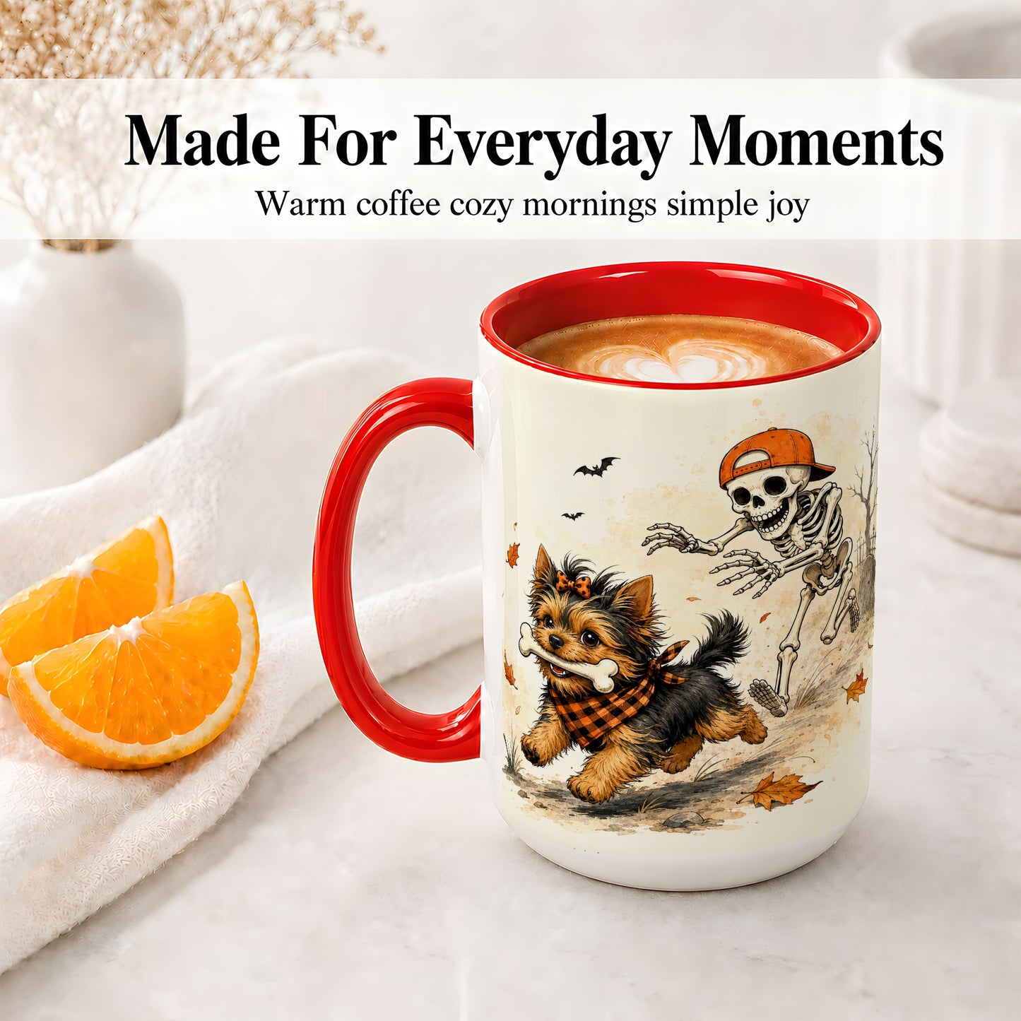 #pl[15oz|Red] Halloween Terrier Ceramic Mug, Skeleton Chase Autumn Artwork