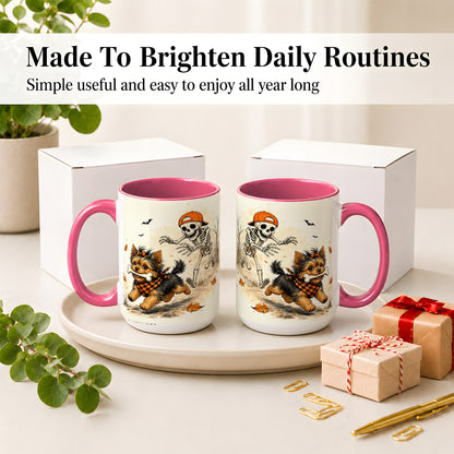 #pl[15oz|Pink] Halloween Terrier Ceramic Mug, Skeleton Chase Autumn Artwork