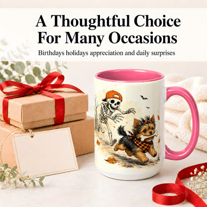 #pl[15oz|Pink] Halloween Terrier Ceramic Mug, Skeleton Chase Autumn Artwork