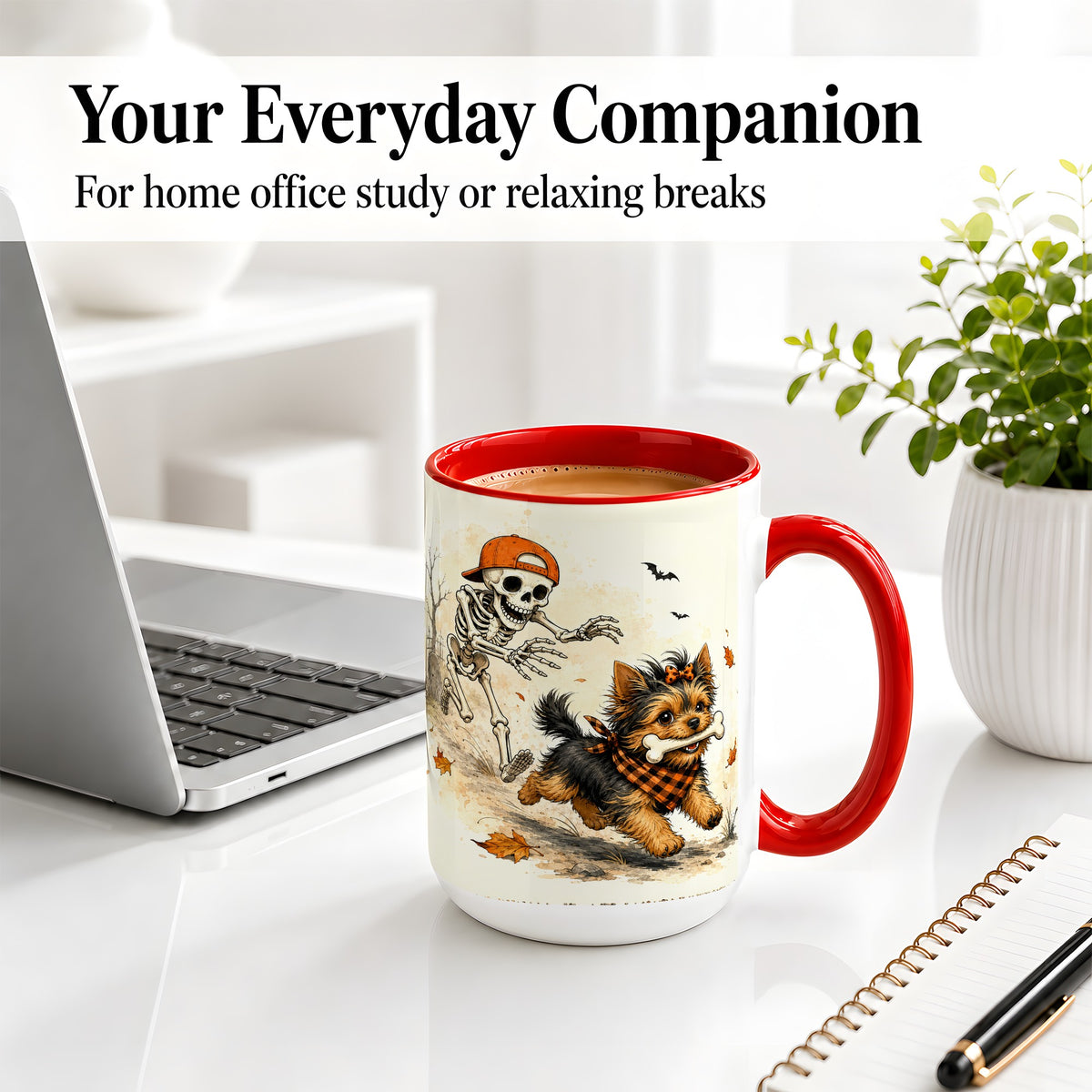 #pl[15oz|Red] Halloween Terrier Ceramic Mug, Skeleton Chase Autumn Artwork
