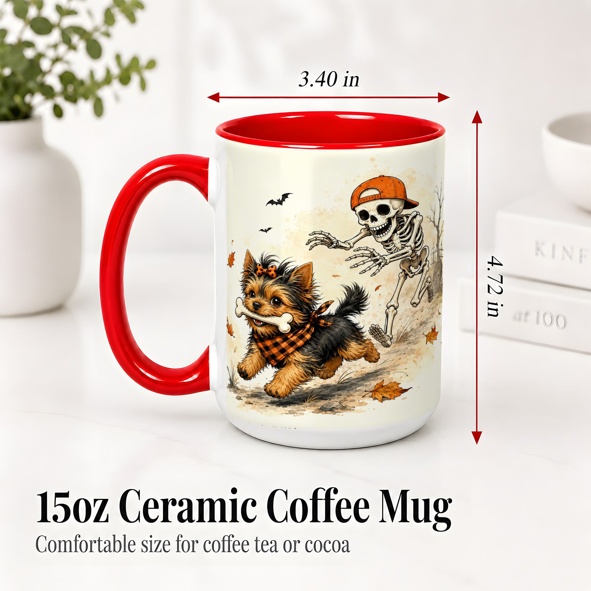 #pl[15oz|Red] Halloween Terrier Ceramic Mug, Skeleton Chase Autumn Artwork