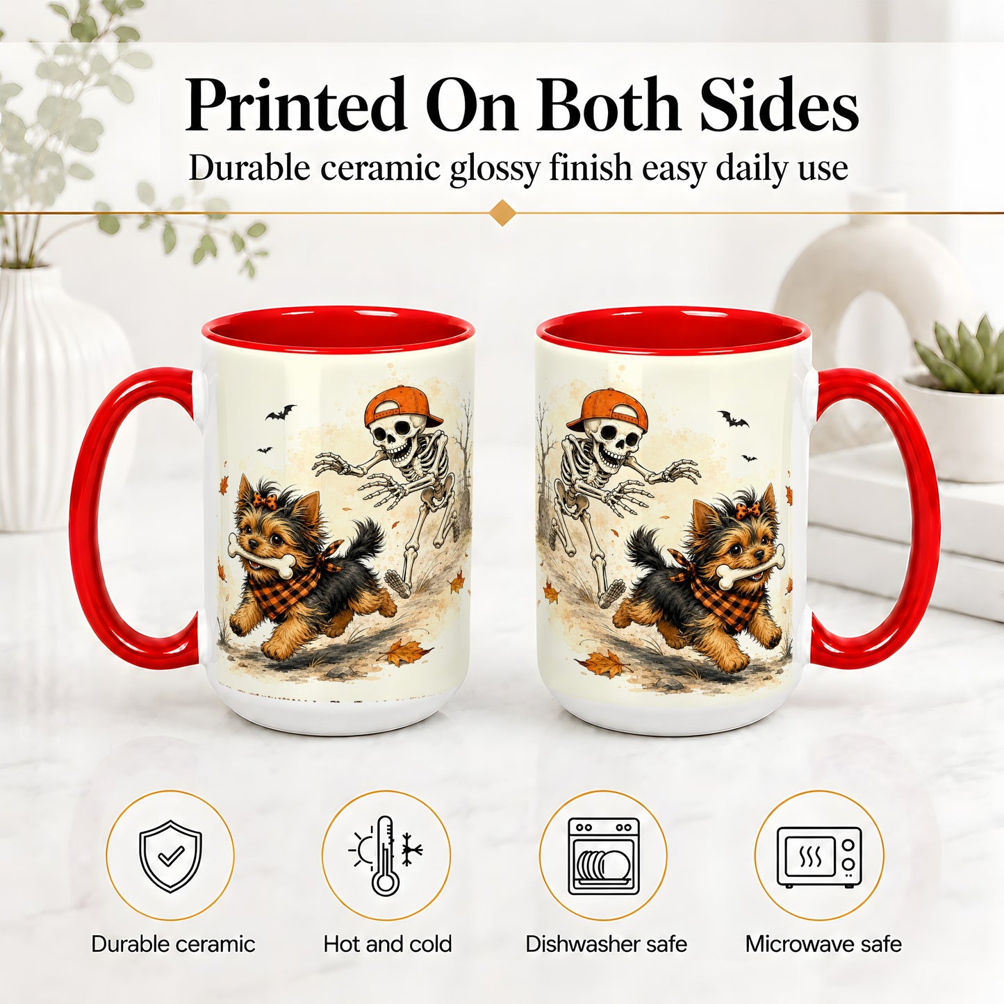 #pl[15oz|Red] Halloween Terrier Ceramic Mug, Skeleton Chase Autumn Artwork